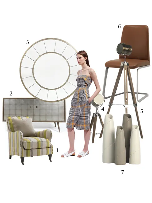 BST Carven Resort 2014: 1.Ghế có tay vịn Accent Caracole Furnishing 49.804.000VNĐ - 2.Tủ tivi gỗ tràm, cánh dát lá quỳ bạc Franklin Media Cab Instore 25.095.000VNĐ - 3.Gương Segmented sắt sơn, ép lá quỳ bạc Instore 16.750.000VNĐ - 4.Đèn bàn Studio Tripod Coto Lifestyle 4.500.000VNĐ - 5.Đèn sàn Studio Tripod Coto Lifestyle 6.900.000VNĐ - 6.Ghế Lausanne da, chân titan BoConcept 8.610.000VNĐ - 7.Bình hoa gốm Asparagus Coto Lifestyle 510.000-1.050.000VNĐ 