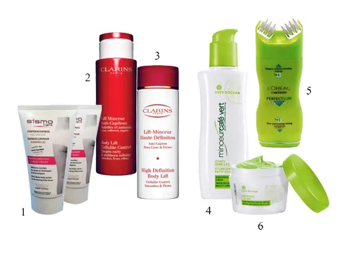1. Gel làm tan mỡ cấp tốc Sismodermie 2,3.Sản phẩm làm săn chắc da Clarins 4,5,6.Bộ sản phẩm làm tan mỡ chiết xuất từ cà phê xanh Yves Rocher