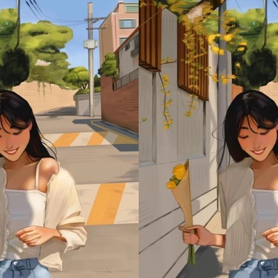 hai cô gái đứng giữa đường đang cầm bó bông