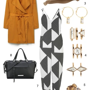 THỨ HAI: 1 áo khoác Mango, 2 nón Accessorize, 3 hoa tai Warehouse, 4 set nhẫn Aldo, 5 nhẫn Accessorize, 6 giày Pedro, 7 jumpsuit Topshop, 8 túi Nine West