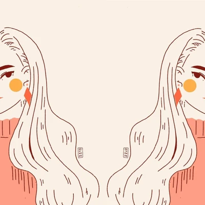 hai cô gái tóc dài mặc áo len đỏ đứng đối lưng nhau