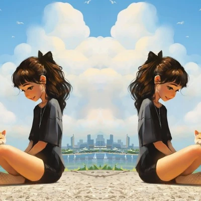 hai cô gái đang ngồi trên bãi biển cùng chú mèo