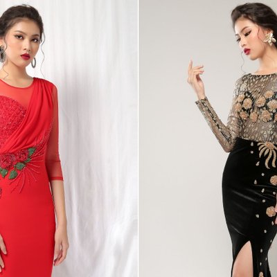 Người mẫu mặc váy ren đỏ và đen