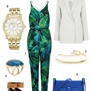 THỨ BA: 1 mắt kính Ray-ban, 2 áo khoác blazer Warehouse, 3 vòng tay Karen Millen, 4 túi Pedro, 5 giày Charles & Keith, 6 nhẫn Aldo, 7 jumpsuit Topshop, 8 đồng hồ Nine West