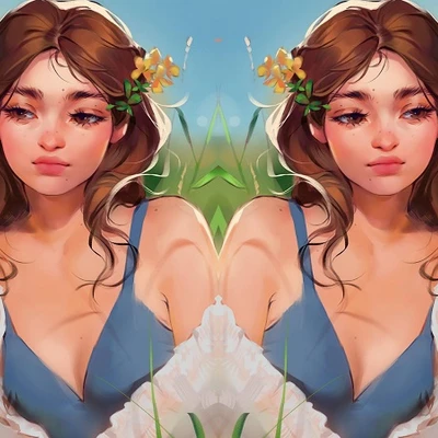 hai cô gái nằm giữa đồng cỏ tóc đính hoa
