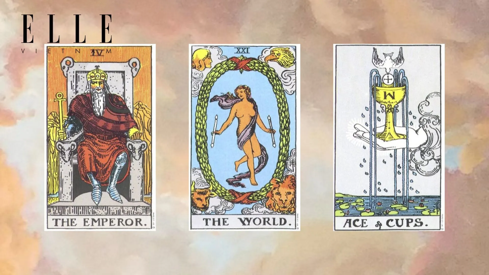 Trải bài tarot gồm The Emperor - The World  - Ace of Cups