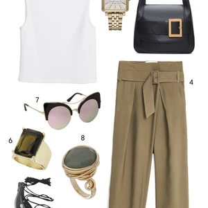 THỨ BA: 1 áo H&M, 2 đồng hồ Marc Jacobs, 3 túi Bally, 4 quần Mango, 5 giày Charles & Keith, 6 nhẫn Topshop, 7 mắt kính Aldo, 8 nhẫn Topshop