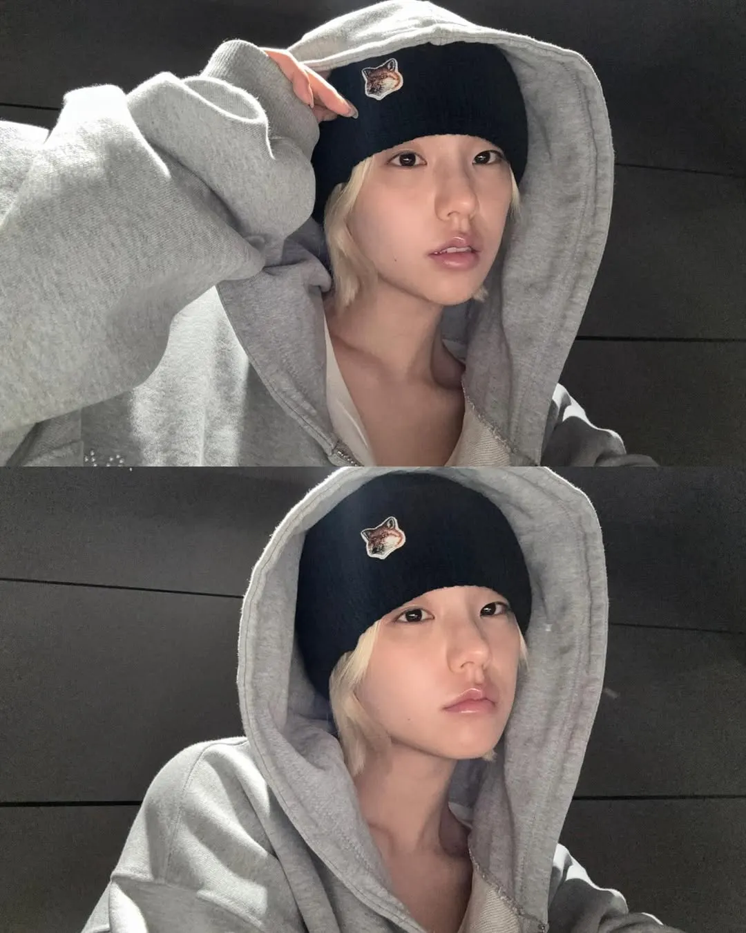 Yeji mặt mộc, mặc hoodie xám, mũ đen, tóc blonde ngắn, azelaic acid