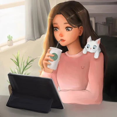 cô gái đang xem ipad cùng chú mèo của mình