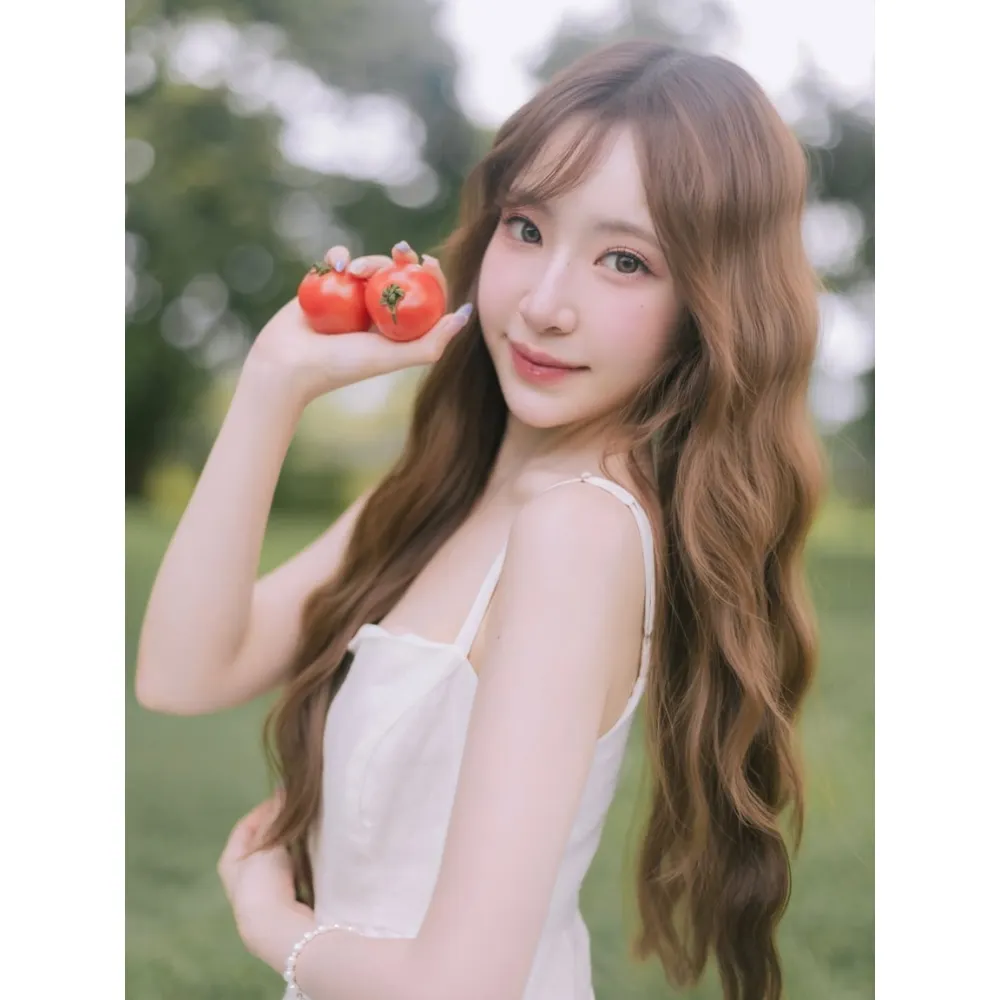 Cô gái cầm quả cà chua trên tay.