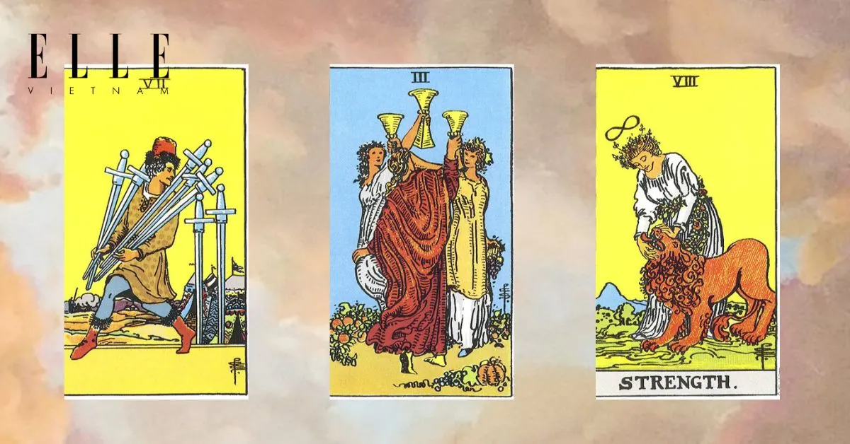 Trải bài tarot tuần mới gồm Seven of Swords - Three of Cups - Strength