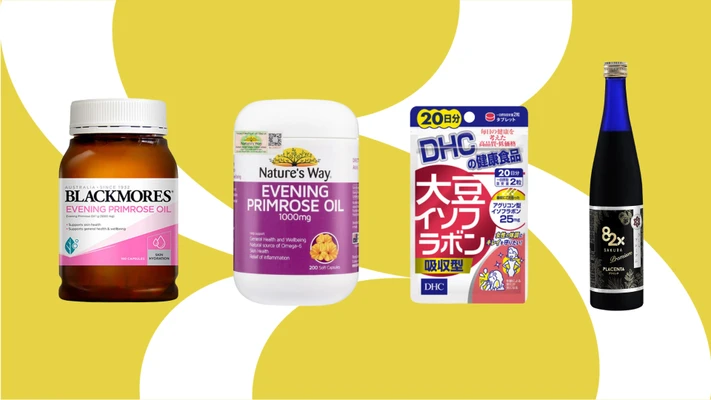 nội tiết tố - lọ thực phẩm chức năng của Blackmores và Nature's Way, bịch đựng viên uống mâm đậu nành của DHC, chai bổ sung collagen của 82X
