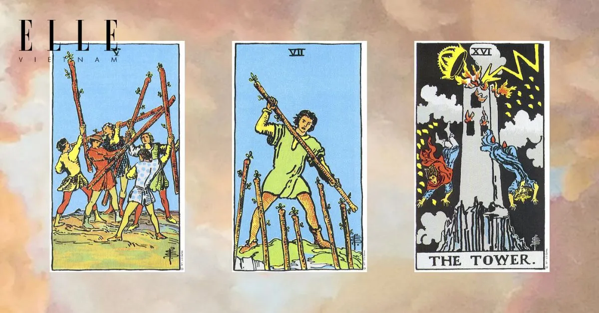Bạn có các lá bài tarot: Five of Wands - Seven of Wands - The Tower