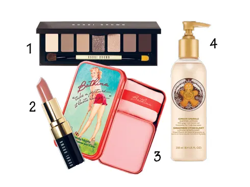 1.Kẻ mắt nâu chocolate Bobi Brown 2.Son Bobi Brown 3.Bathina Body Balm của Benefit 4.Body Lotion Ginger Sparkle của The Body Shop