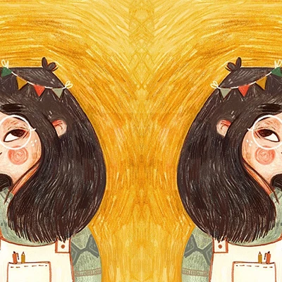 hai cô gái trong bộ yếm đứng đối lưng nhau