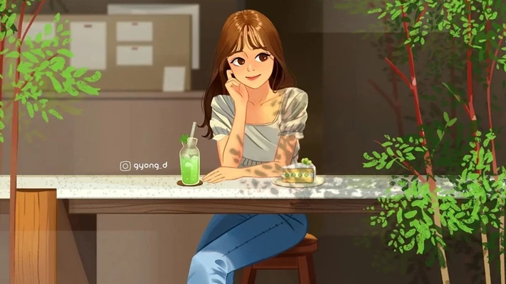 cô gái đang ngồi bên cạnh cửa sổ quán cà phê cùng ly nước