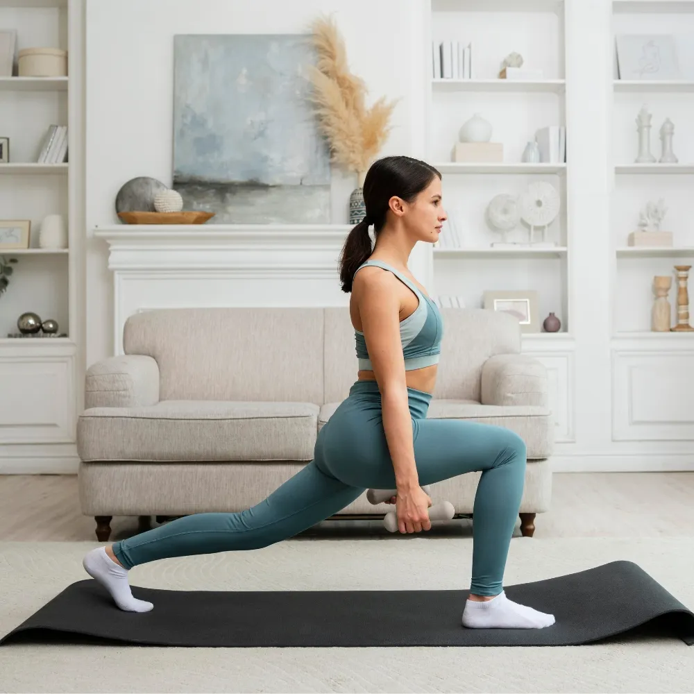 Cô gái thực hiện động tác lunge kèm theo tạ để tăng hiệu quả giảm mỡ đùi.