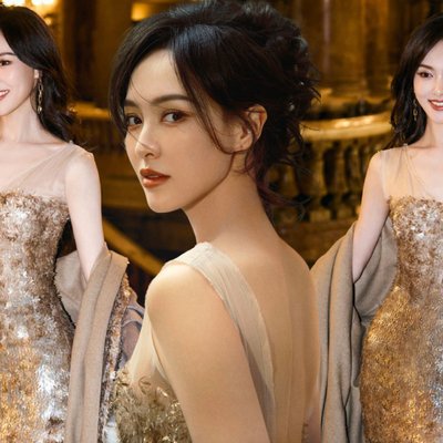 Đường Yên mặc đầm dạ hội sequin và trang điểm tone cam đất để trình diễn tại Paris Fashion Week