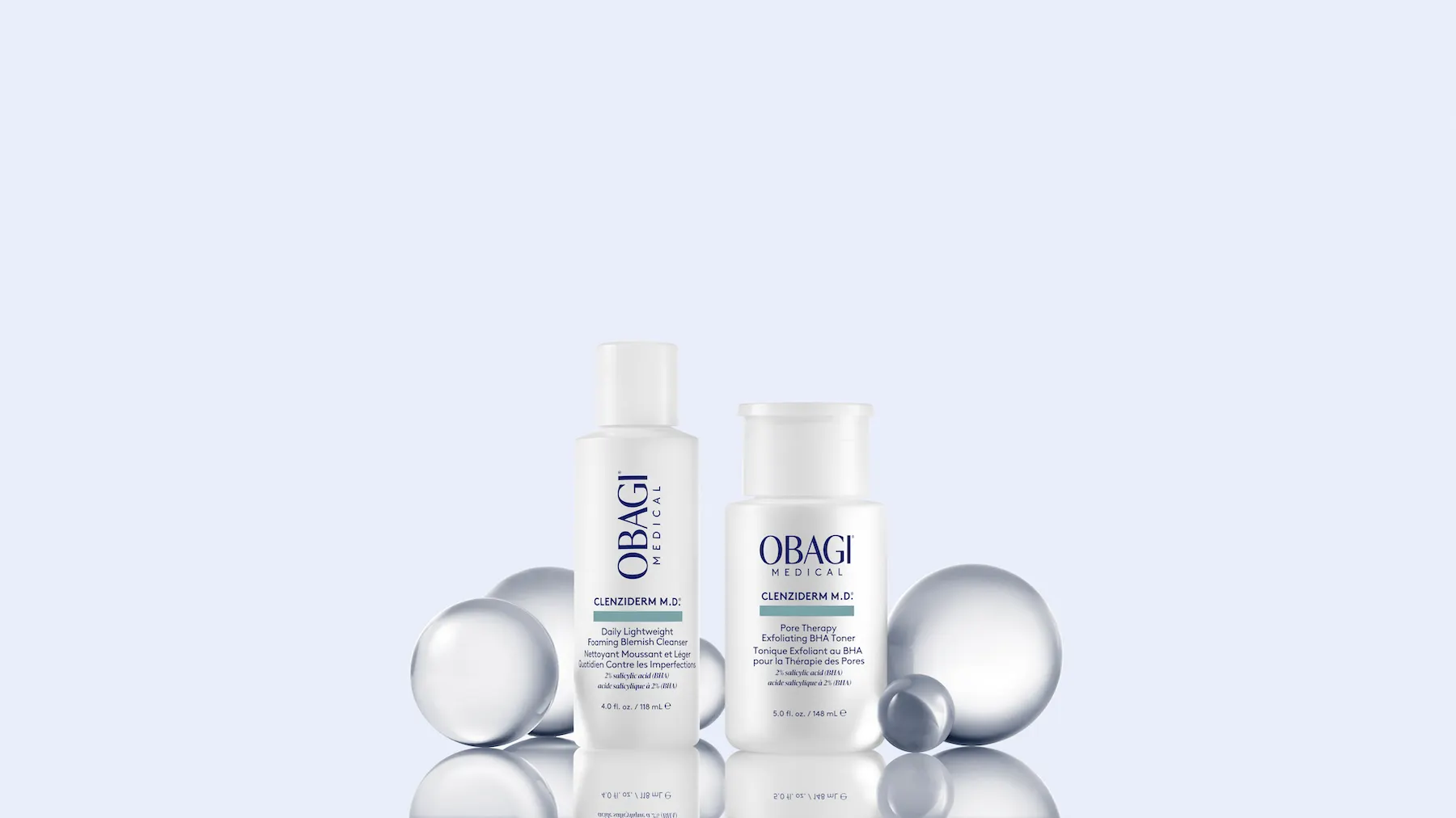 Bộ đôi OBAGI Clenziderm M.D. gồm Daily Lightweight Foaming Blemish Cleanser và Pore Therapy Exfoliating BHA Toner, giải pháp chăm sóc da dầu mụn toàn diện.