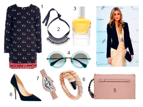 1.Đầm ngắn Kenzo 2.Vòng cổ Swarovski 3.Nước hoa Jour d'Hermès Hermès 4.Kính mát Miu Miu 5.Clutch da Valentino 6.Vòng tay Serpenti Bulgari 7.Đồng hồ Cartier 8.Giày da lộn Jimmy Choo