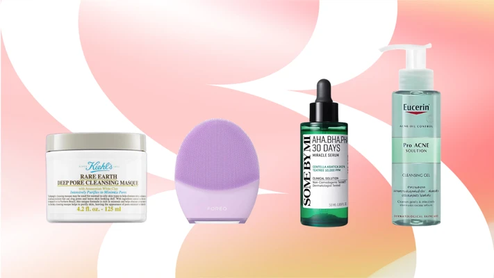 mụn cám - mặt nạ đất sét Kiehl's, máy rửa mặt Foreo Luna 4, serum dưỡng da mụn Some By Mi và sữa rửa mặt Eucerin