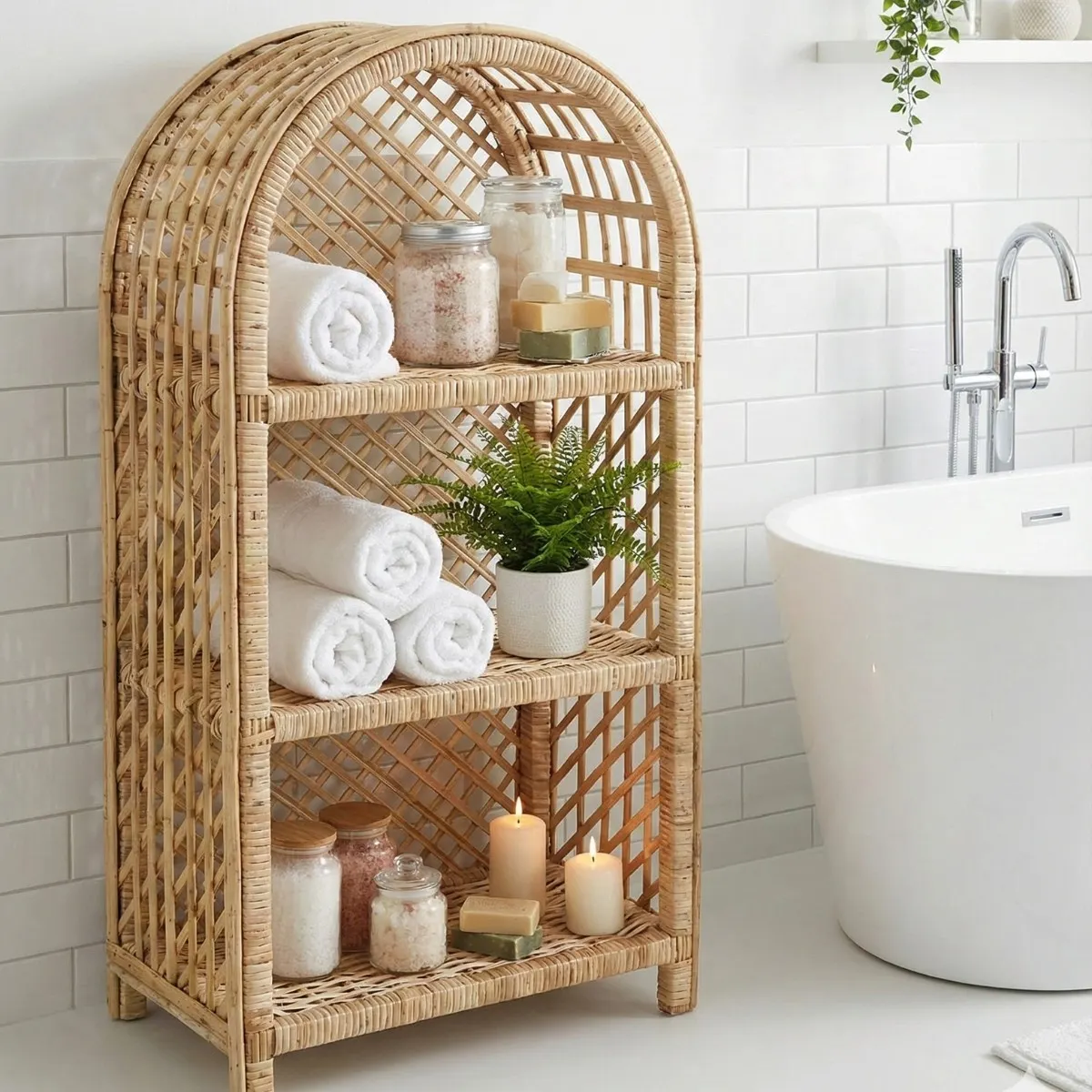 Kệ mở bằng mây tre đặt cạnh bồn tắm