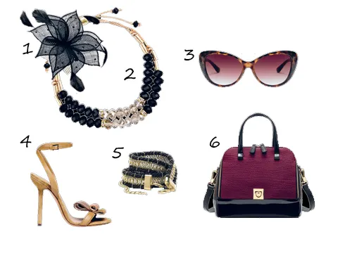 1. Cài tóc Accessorize - 2. Vòng cổ Accessorize - 3. Kính mát Mango - 4. Giày Bally - Vòng tay Mango Touch - Túi xách Furla