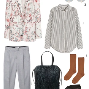 THỨ BẢY: 1 áo khoác Zara, 2 mắt kính Accessorize, 3 hoa tai Accessorize, 4 áo sơ mi H&M, 5 vớ Topshop, 6 sandals DKNY, 7 túi Furla, 8 quần Mango