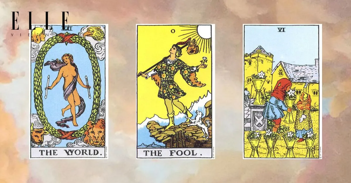 Bạn có các lá bài tarot: The World - The Fool - Six of Cups