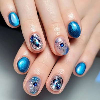Hình ảnh mẫu móng màu xanh Sapphire với họa tiết độc đáo.