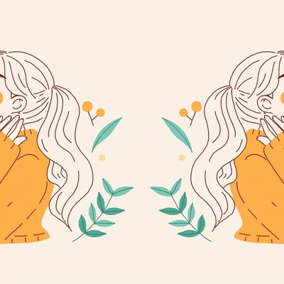 Hai cô gái tóc dài đứng đối lưng nhau giữa nhiều bông hoa