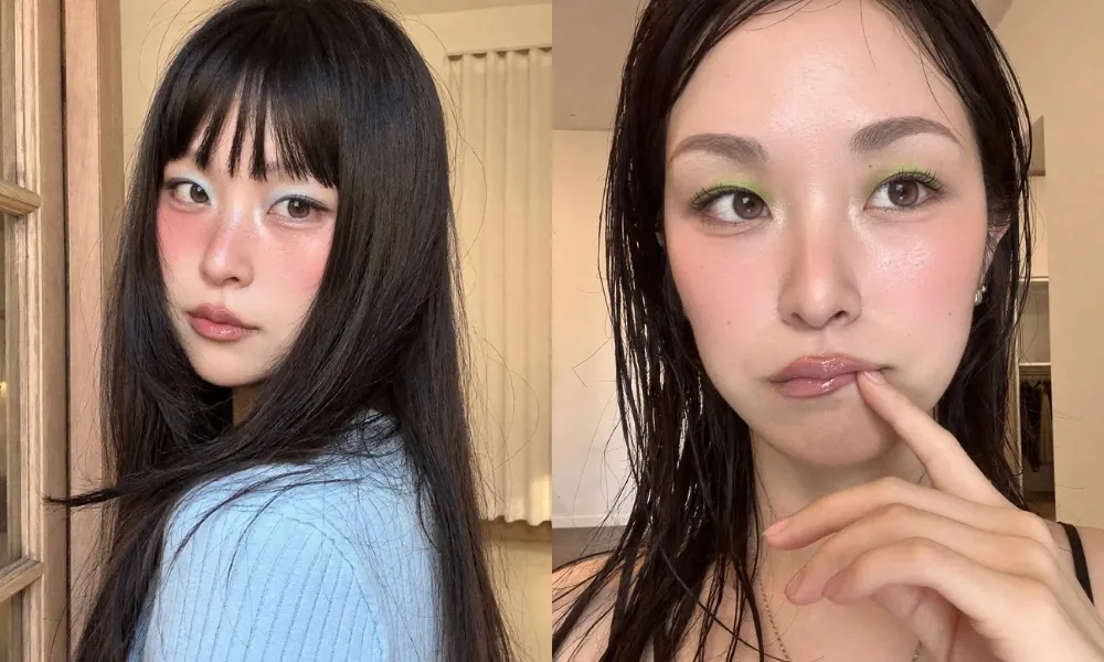 hai cô gái trang điểm hè với phấn mắt xanh