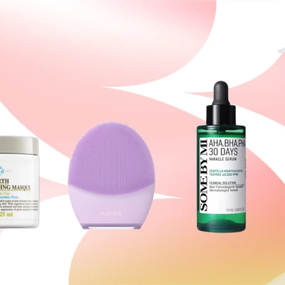 mụn cám - mặt nạ đất sét Kiehl's, máy rửa mặt Foreo Luna 4, serum dưỡng da mụn Some By Mi và sữa rửa mặt Eucerin