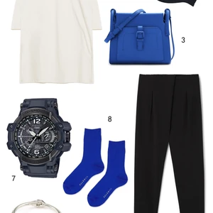 THỨ BA: 1 áo thun Zara, 2 nón Nike, 3 túi Pedro, 4 quần Mango, 5 dép Charles & Keith, 6 vòng tay Warehouse, 7 đồng hồ Casio, 8 vớ Topshop