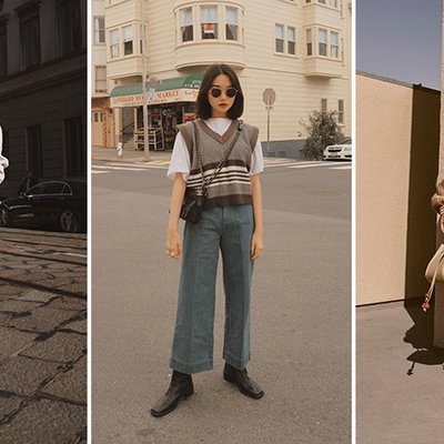 phối đồ layer giao mùa với sweater nâu, sweater vest và blazer