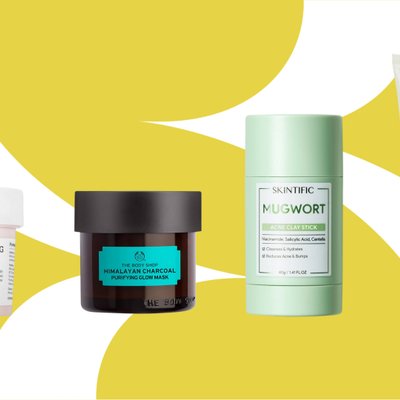 đất sét - hũ mặt nạ đất sét màu trắng của Kielh's, màu nâu của The Body Shop, thanh lăn màu xanh mint của Skintific và tuýp mặt nạ màu trắng của The Body Shop