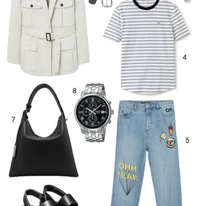 THỨ BẢY: 1 áo khoác Mango, 2 thắt lưng H&M, 3 hoa tai Banana Republic, 4 áo thun Lacoste, 5 quần jeans Zara, 6 sandals Cole Haan, 7 túi Pedro, 8 đồng hồ Casio.