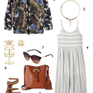 THỨ BẢY: 1 áo khoác H&M, 2 nón Accessorize, 3 vòng cổ Marks & Spencer, 4 jumpsuit Mango, 5 giày Aldo, 6 set nhẫn Accessorize, 7 mắt kính Accessorize, 8 túi Karen Millen