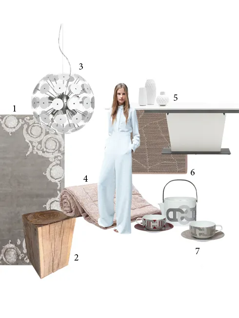 1.Thảm Versace - 2.Đôn gỗ sồi The Wood Factory 2.000.000VNĐ - 3.Đèn treo Allium kim loại BoConcept 9.290.000VNĐ - 4.Chăn lụa Versace - 5.Bàn ăn sơn mài chân thép, có thể điều chỉnh độ dài BoConcept 39.950.000VNĐ - 6.Thảm Extreme Alligator từ Bỉ Cao Dong Design - 7.Bộ ấm trà Rallye 24 bằng sứ Hermès