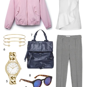 THỨ SÁU: 1 áo khoác Lacoste, 2 áo Topshop, 3 quần Mango, 4 giày Nine West, 5 đồng hồ DKNY, 6 vòng tay Accessorize, 7 túi MAX & Co, 8 mắt kính Aldo