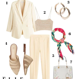 ELLE Style Calendar tháng 6 blazer quần khăn quàng cổ họa tiết nhiệt đới túi xách