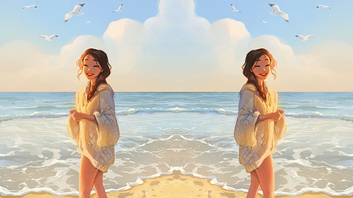 hai cô gái đứng giữa biển đang mỉm cười