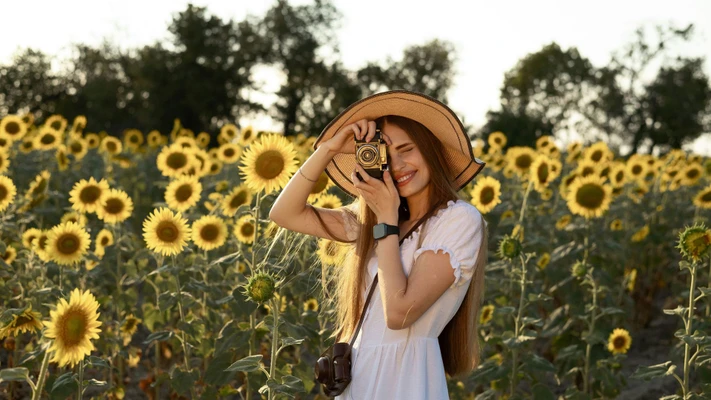 cô gái ở cánh đồng hoa đang chụp hình rất hạnh phúc