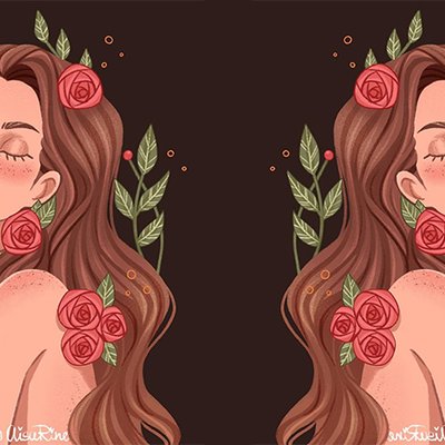 Hai cô gái tóc dài có cài bông đối lưng nhau