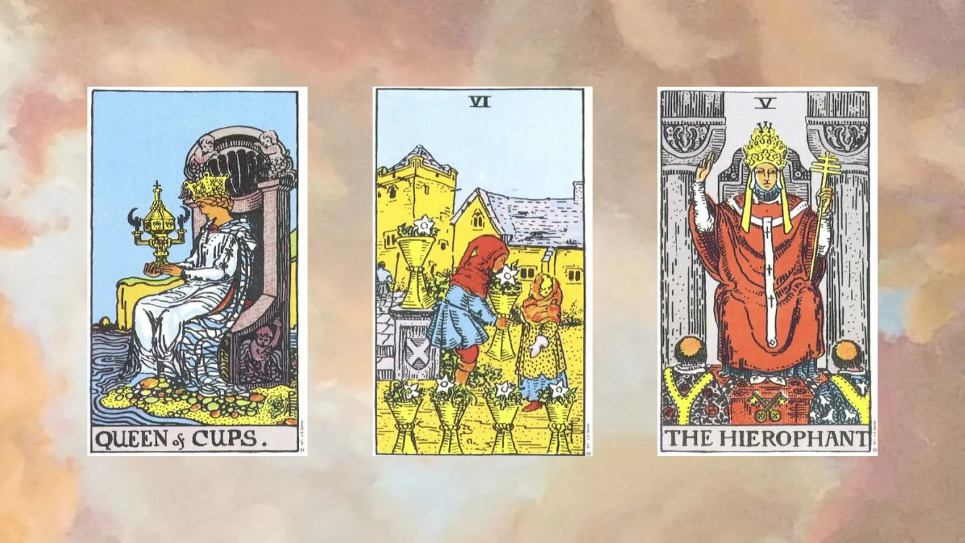 tụ bài số 3 gồm queen of cups, six of cups, the hierophant