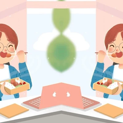 cô gái đang vừa ăn vừa làm việc tại nhà vui vẻ