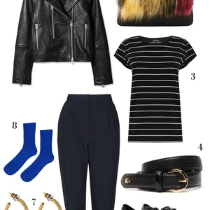 CÁCH PHỐI 3: 1. Áo khoác Topshop - 2. Túi xách Pedro - 3. Áo thun kẻ sọc Warehouse - 4. Thắt lưng Lacoste - 5. Giày Charles & Keith - 6. Quần Topshop - 7. Hoa tai Accessorize - 8. Vớ Topshop