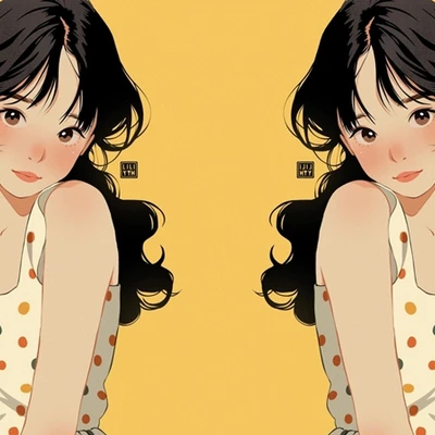 2 cô gái mặc áo chấm bi