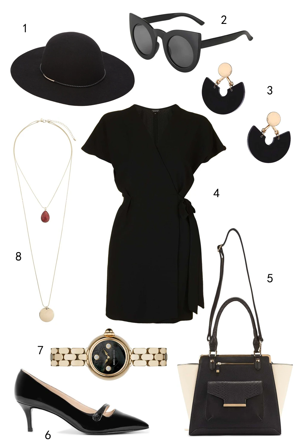 THỨ TƯ: 1 nón Marks & Spencer, 2 mắt kính Topshop, 3 hoa tai Miss Selfridge, 4 đầm Topshop, 5 túi Miss Selfridge, 6 giày Charles & Keith, 7 đồng hồ Marc Jacobs, 8 dây chuyền Miss Selfridge