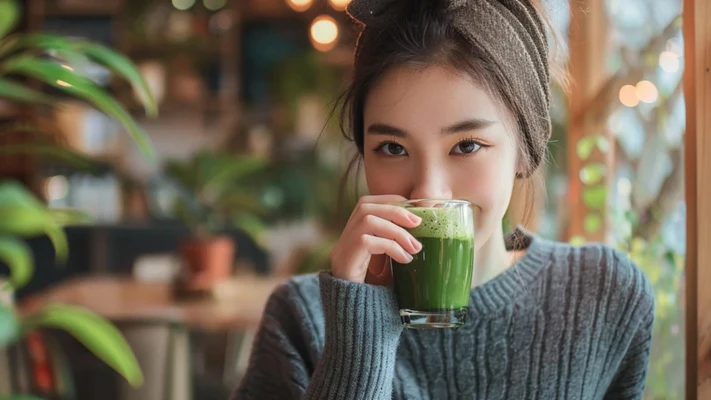 cô gái mặc áo len và uống matcha
